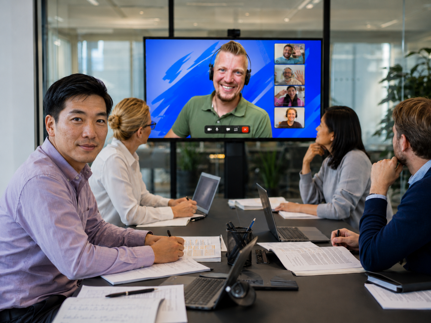 A hybrid team meeting with colleagues joining a video call alongside in-office participants