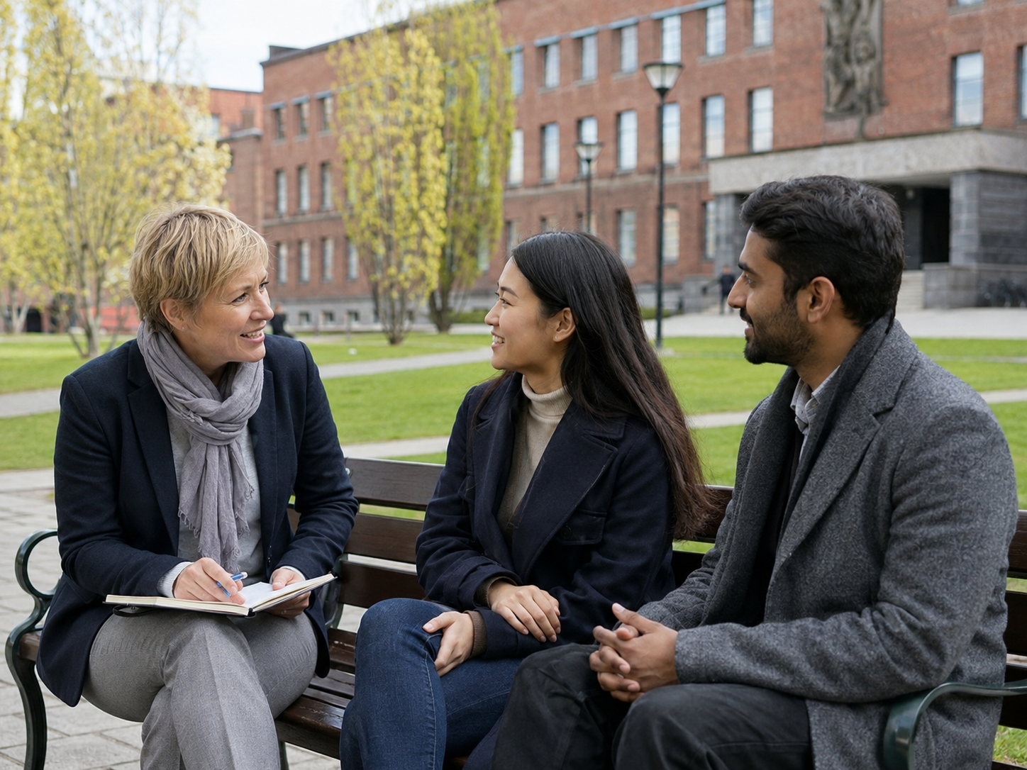 A teacher talking with two adult international students on a campus bench