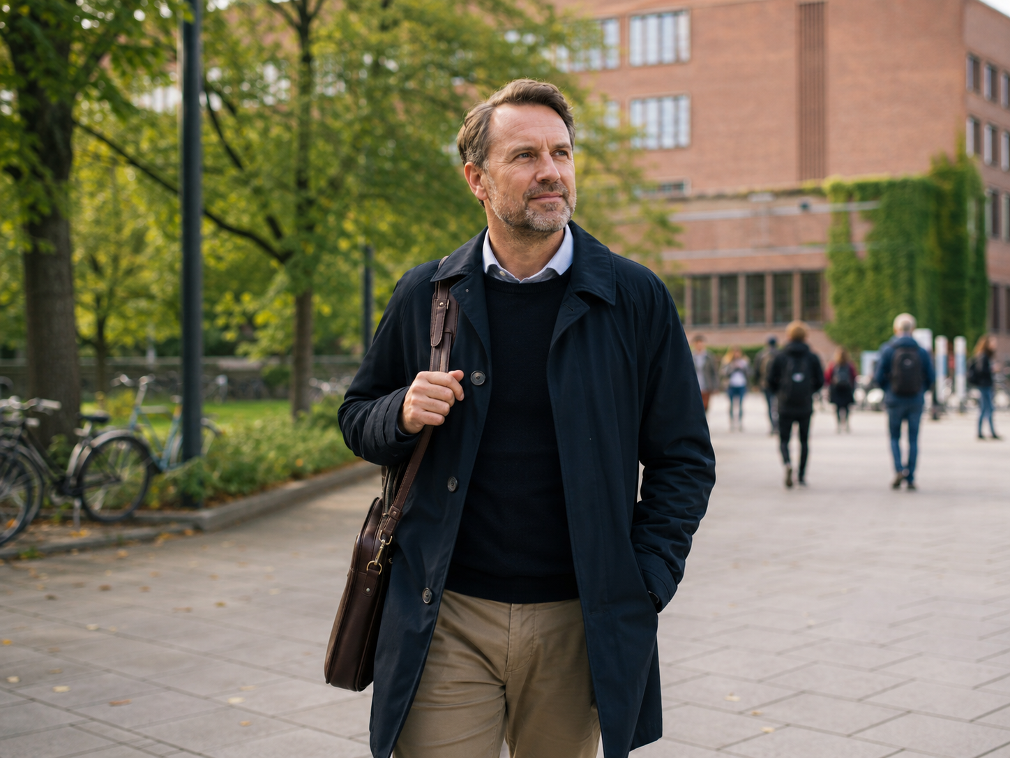 A school administrator walking across a university campus